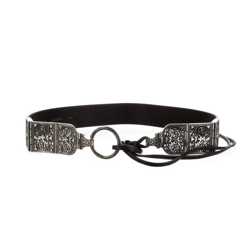 BRIGHTON SILVER BLACK LEATHER TIE WAIST BELT SZ LARGE